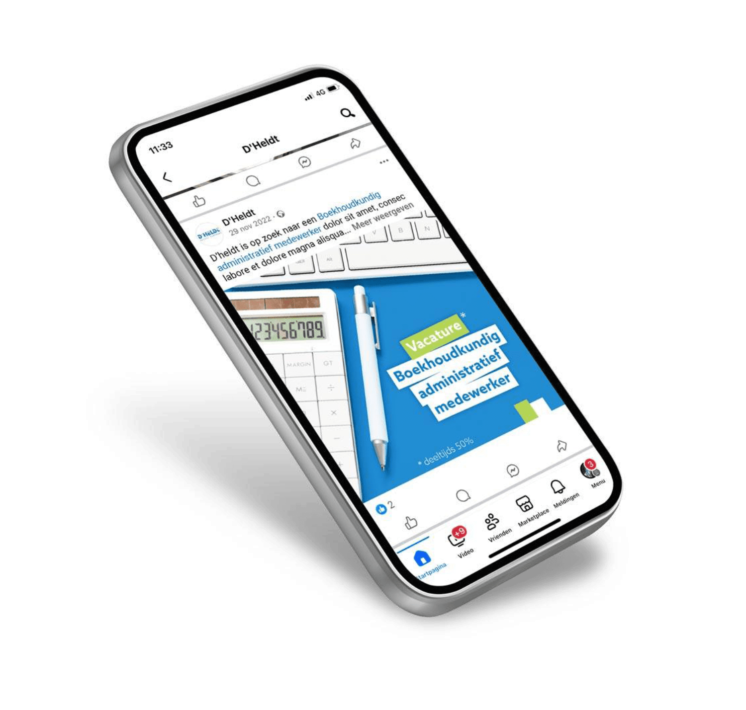 Smartphone met een social media post voor een vacature ‘Boekhoudkundig administratief medewerker’, weergegeven in een professionele bedrijfsstijl.