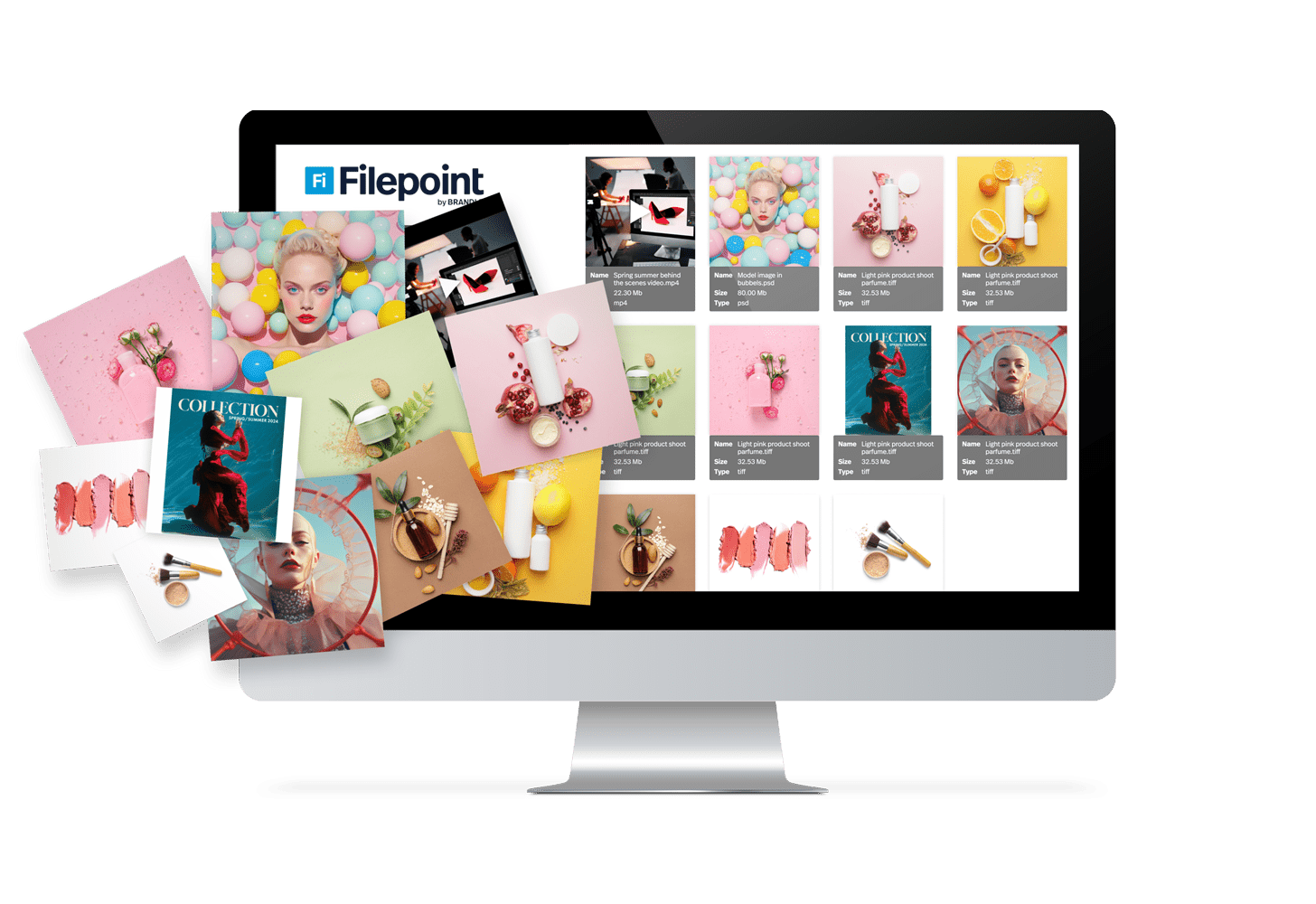 Overzichtsscherm van Filepoint met visuele mediabibliotheek en thumbnails van creatieve assets op een desktopmonitor.