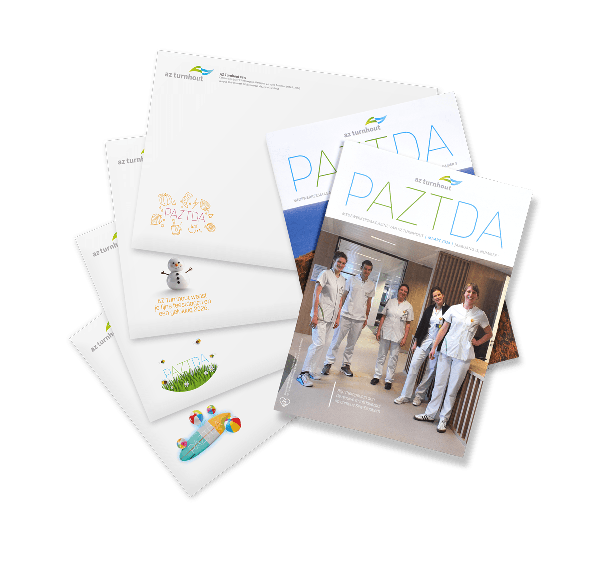 Set Paztda-enveloppen en magazines met speelse illustraties en frisse huisstijl