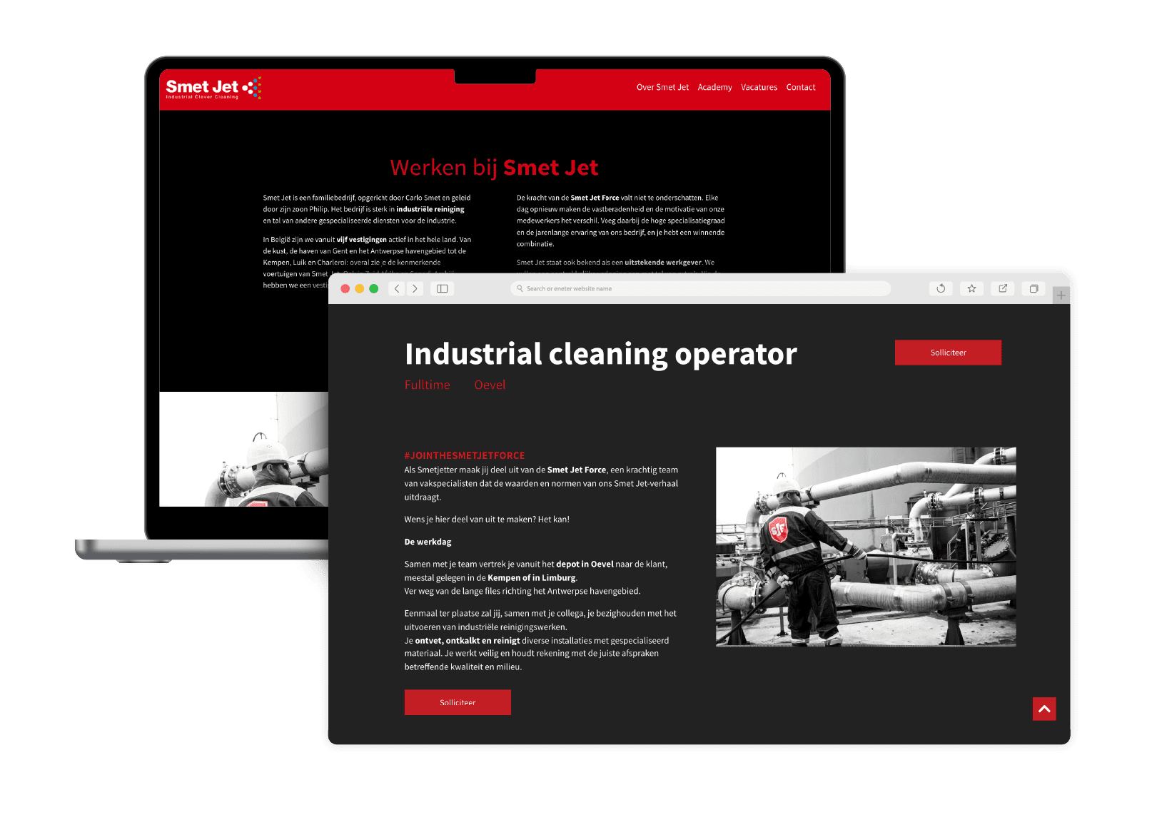 Laptop en browsermock-up van de employer branding website van Smet Jet, met jobdetails, foto’s van medewerkers en een duidelijke sollicitatieflow.