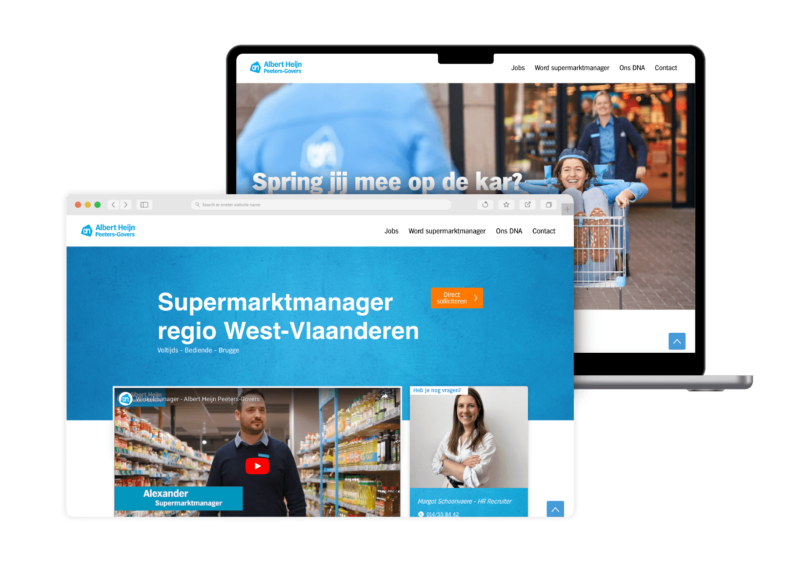 Laptop en browsermock-up met employer branding website voor Albert Heijn Peeters-Govers, met jobinformatie, sollicitatieknop en teamfoto’s.