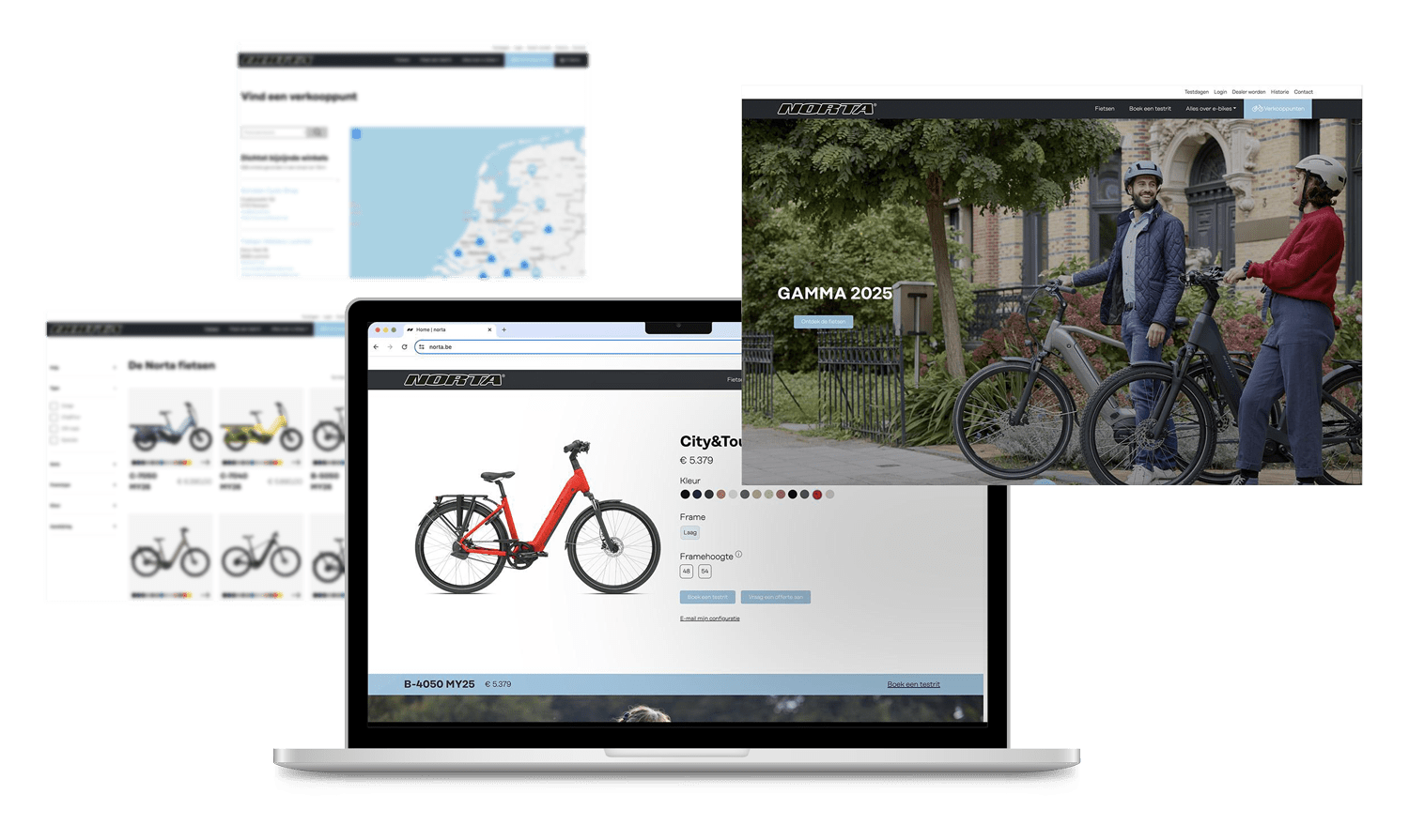 Overzicht van de Norta-website met e-bikes, productpagina’s en sfeerbeelden op meerdere schermen.