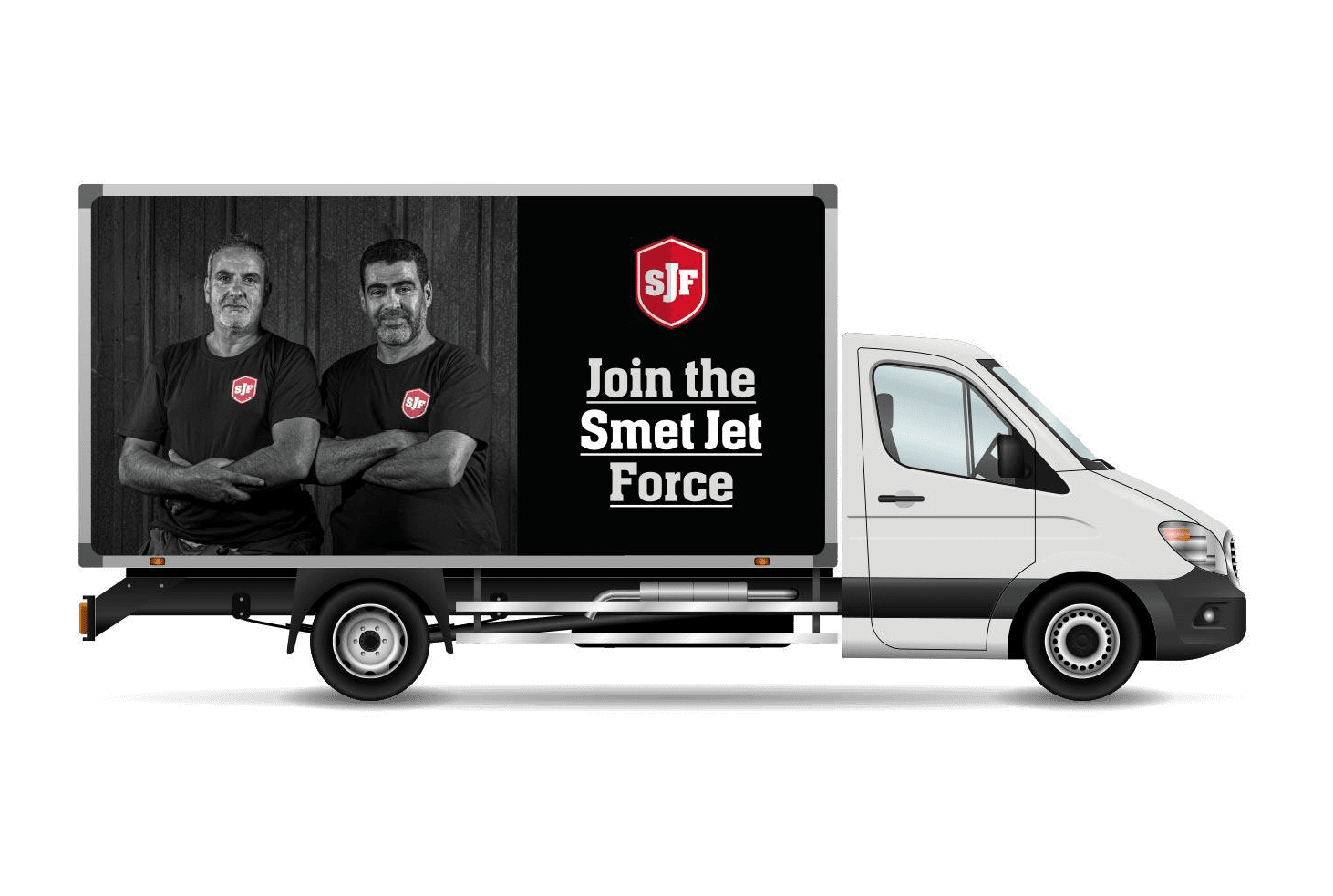 Mock-up van een vrachtwagen met Smet Jet branding, waarop twee medewerkers in zwart-wit te zien zijn naast het logo en de slogan ‘Join the Smet Jet Force’. De truck toont een opvallende employer branding boodschap voor rekrutering